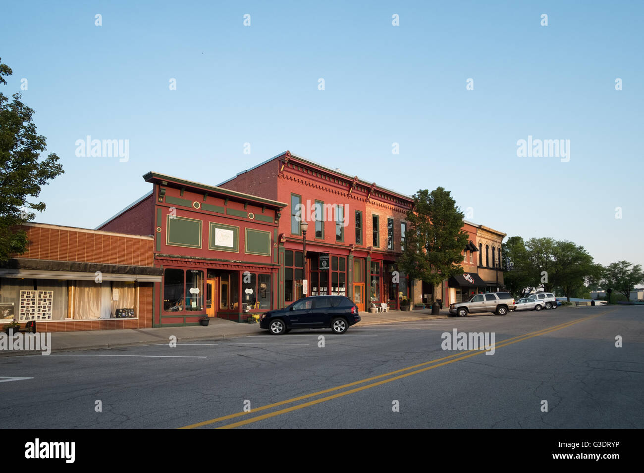 Ferry Street downtown Montague, Michigan in late afternoon light Stock