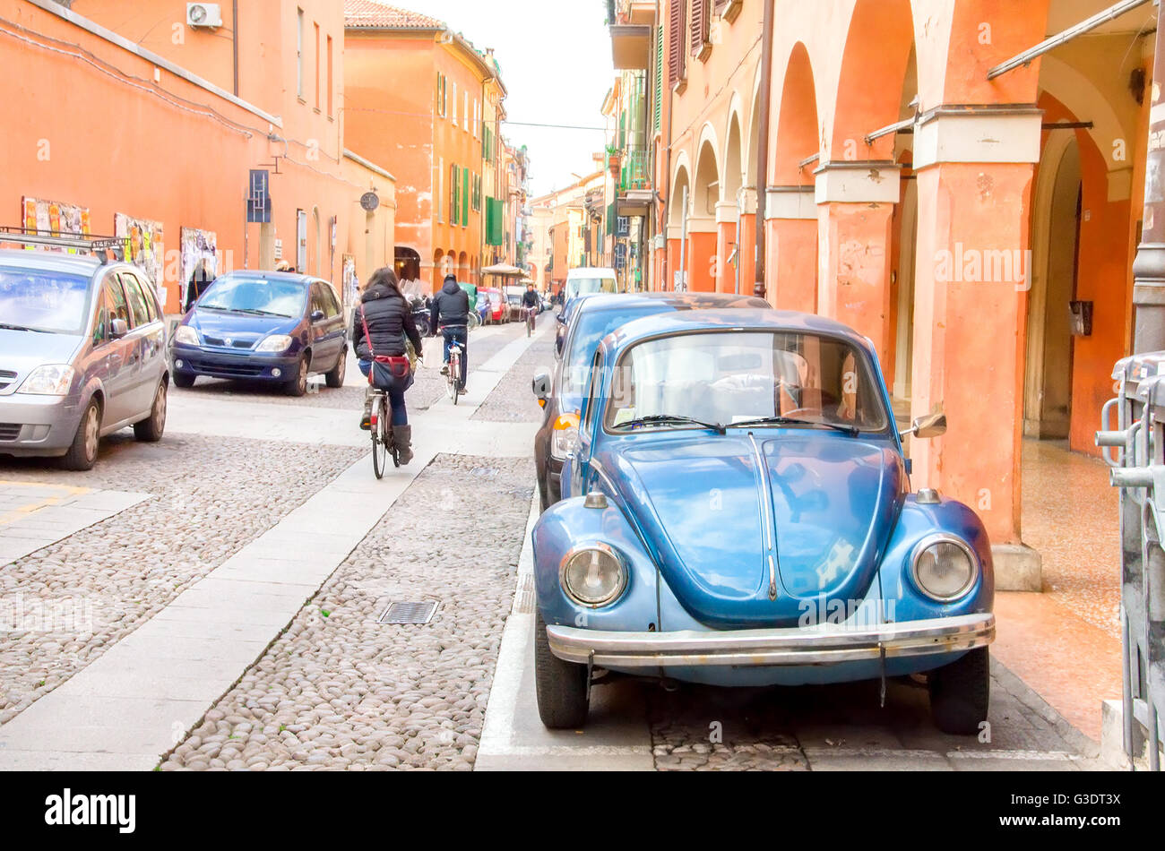 Bologna, Italy, December 20, 2014 -  blue beetle parked in via del Pratello Stock Photo