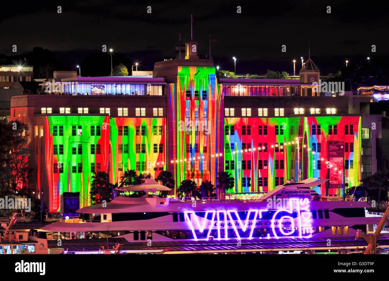 Sydney, Australia - 2016, June 7: Facade of Sydney Museum of Contemporary arts under projection of Vivid Sydney light show Stock Photo