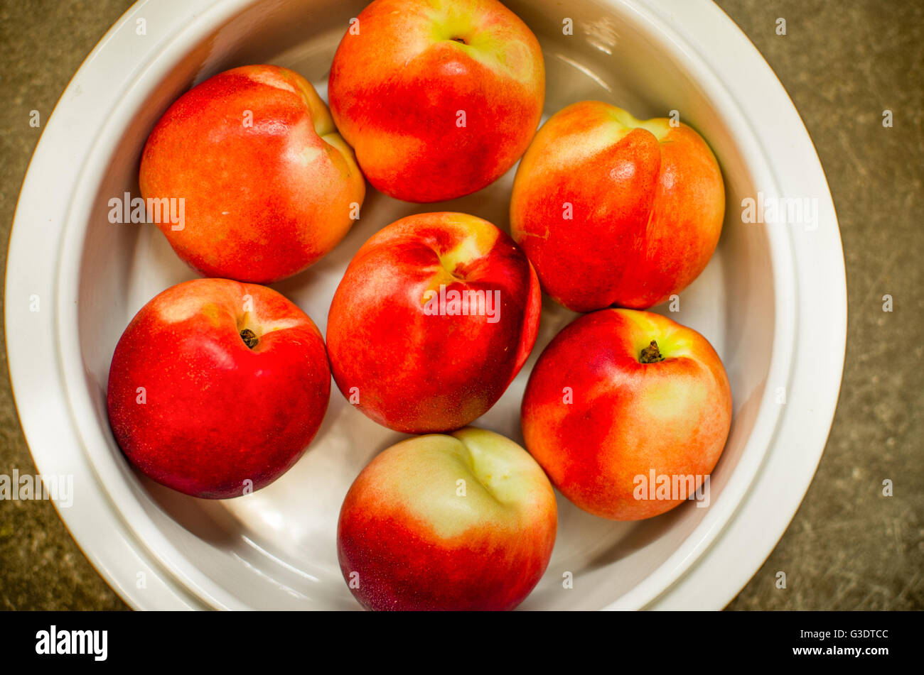 clean eating peaches background Stock Photo