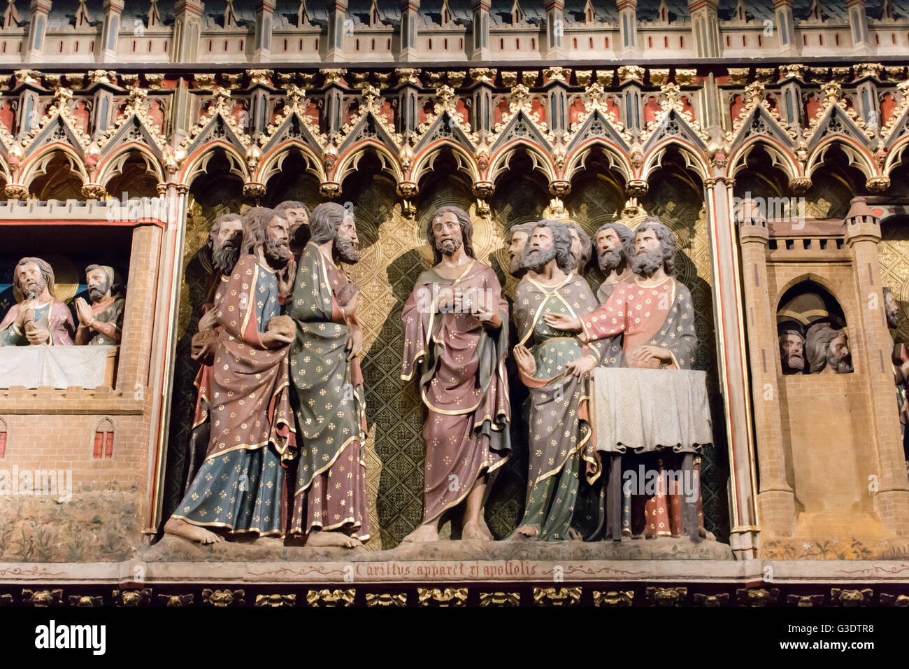 Wooden carving of Christ appearing to his disciples. Cathedral of Notre Dame, Paris, France. Stock Photo