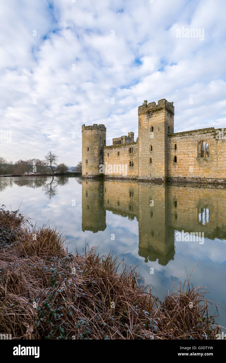 A portrait angle of Bodiam Castle in East Sussex on a frosty, winter's morning. Stock Photo