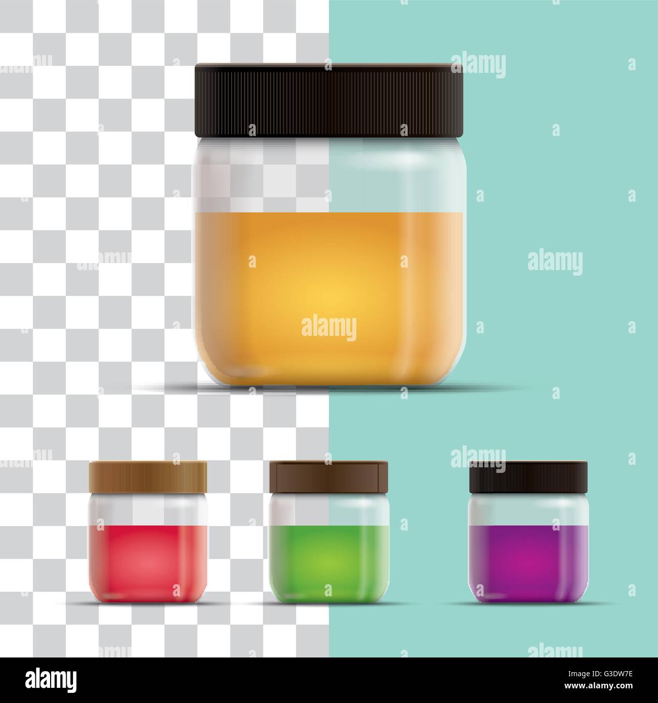 Vector realistic illustration of honey or jam jar collection. All elements are layered separately in vector file. Global colors. Stock Vector