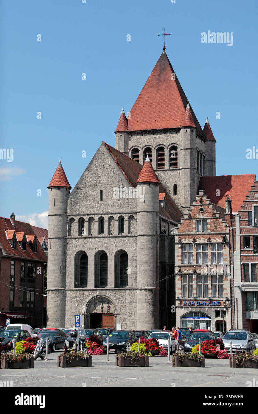 The Church of Saint-Quentin of Tournai, Grand Place, Tournai, Hainaut, Belgium. Stock Photo