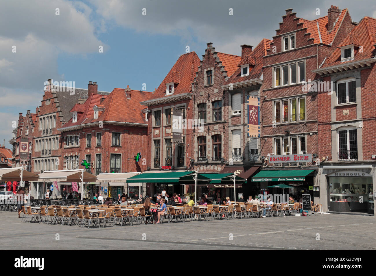 Cafes and restaurants in Grand Place, Tournai, Hainaut, Belgium. Stock Photo
