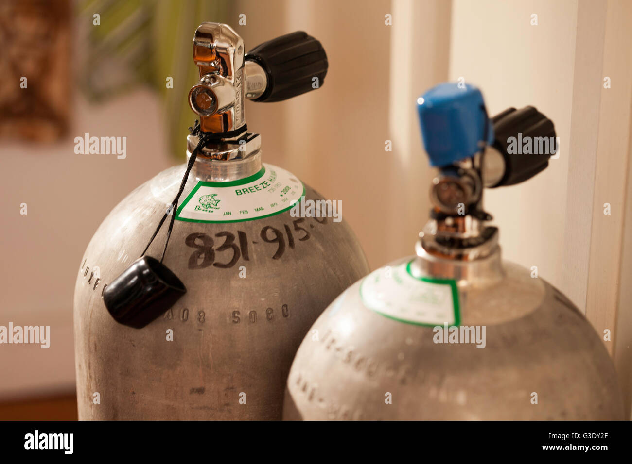 Closeup of dive tanks, compressed air tanks Stock Photo Alamy