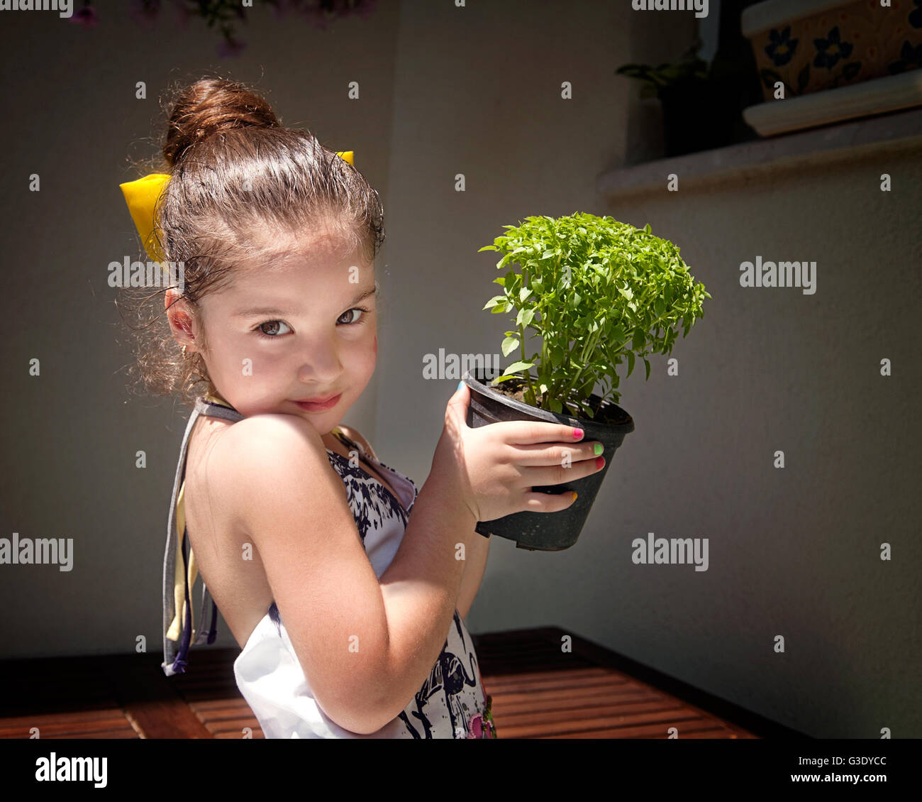 Girl holding potted plant outdoors Stock Photo - Alamy