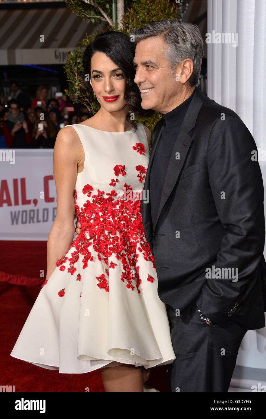 LOS ANGELES, CA - FEBRUARY 1, 2016: Actor George Clooney & wife Amal Clooney at the world premiere of his movie 'Hail Caesar!' at the Regency Village Theatre, Westwood. Stock Photo