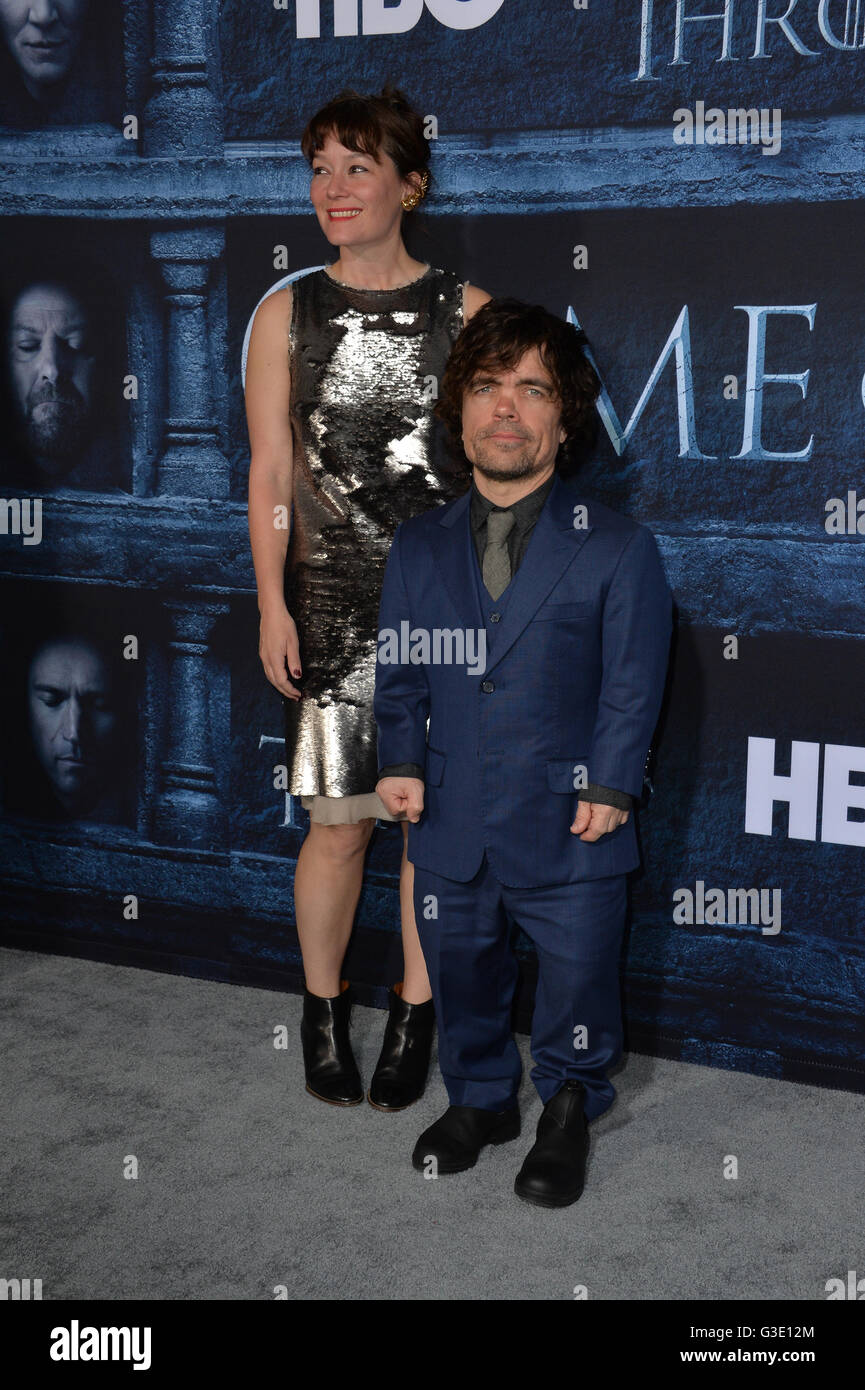 LOS ANGELES, CA. April 10, 2016: Actor Peter Dinklage & wife actress Erica Schmidt at the season 6 premiere of Game of Thrones at the TCL Chinese Theatre, Hollywood. Stock Photo