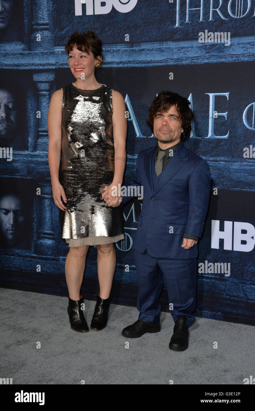 LOS ANGELES, CA. April 10, 2016: Actor Peter Dinklage & wife actress Erica Schmidt at the season 6 premiere of Game of Thrones at the TCL Chinese Theatre, Hollywood. Stock Photo