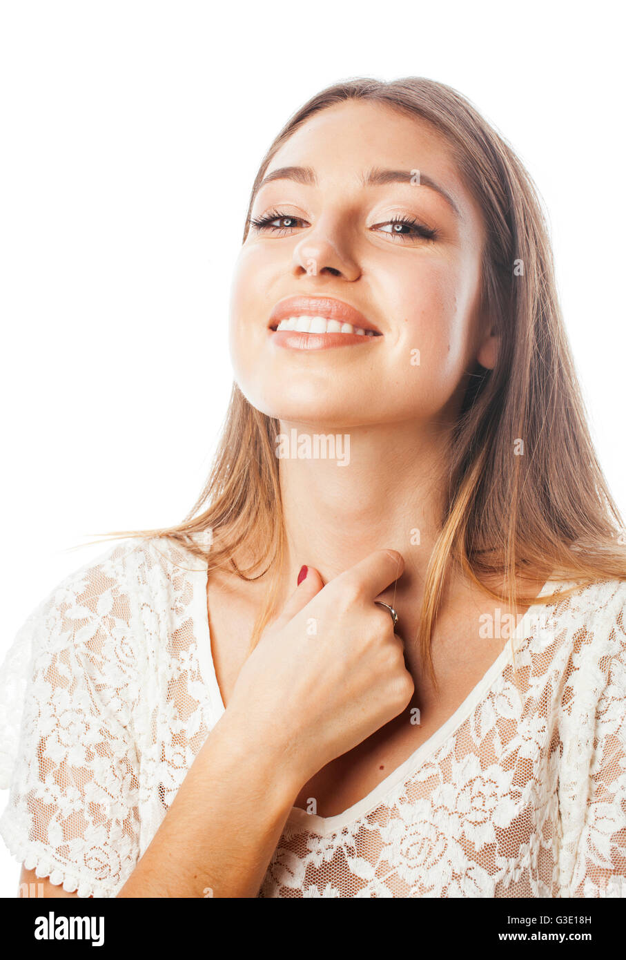 young beauty woman smiling dreaming isolated on white close up ...