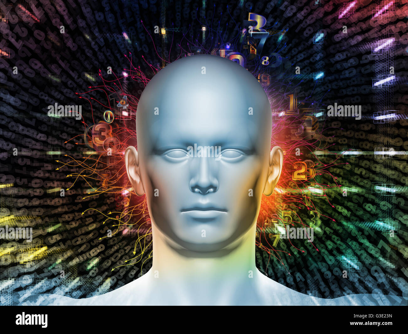 Man of Number series. Arrangement of human head, numbers and visual elements on the subject of human mind, modern technology, ed Stock Photo