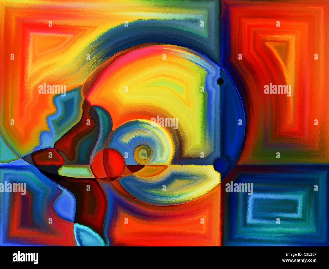 Thinking Divided series. Abstract design made of human profiles and stained glass lines on the subject of mind, science, technol Stock Photo