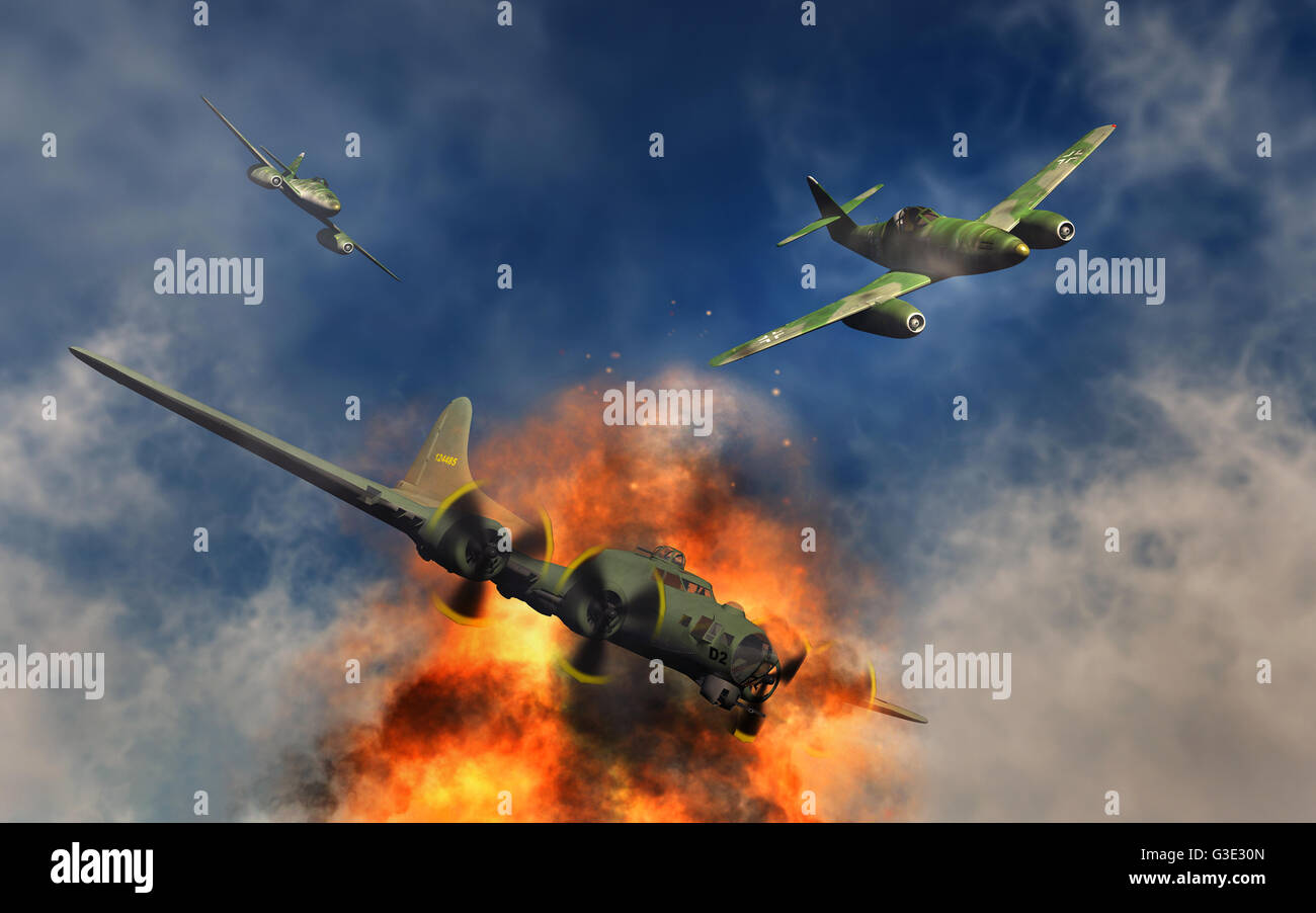 A German Me 262 Attacking An American B-17 Bomber . Stock Photo