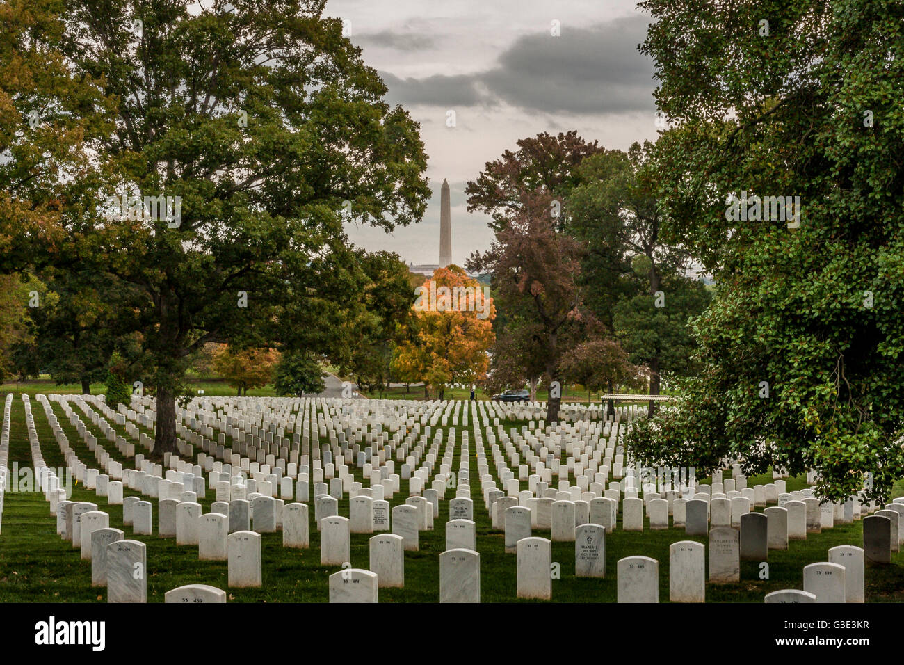 Rows of headstones in Arlington National Cemetery with The Washington monument in the distance, Arlington, Washington DC . USA Stock Photo
