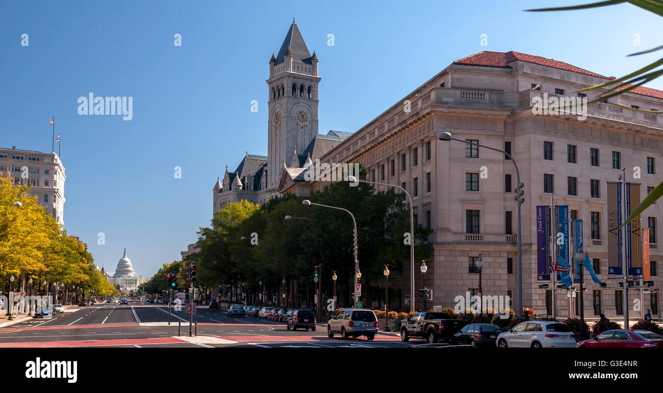 The Old Post Office Pavilion ,with the United States Capitol Bulding at the far end of Pennsylvania Avenue , Washington DC Stock Photo