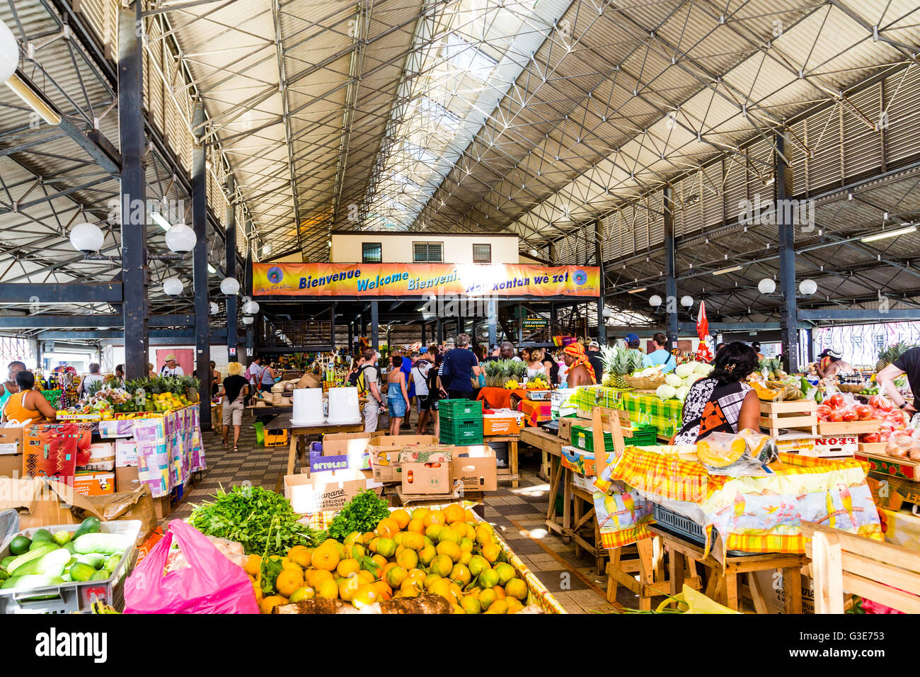 French Produce Market on Martinique with local shoppers Stock Photo