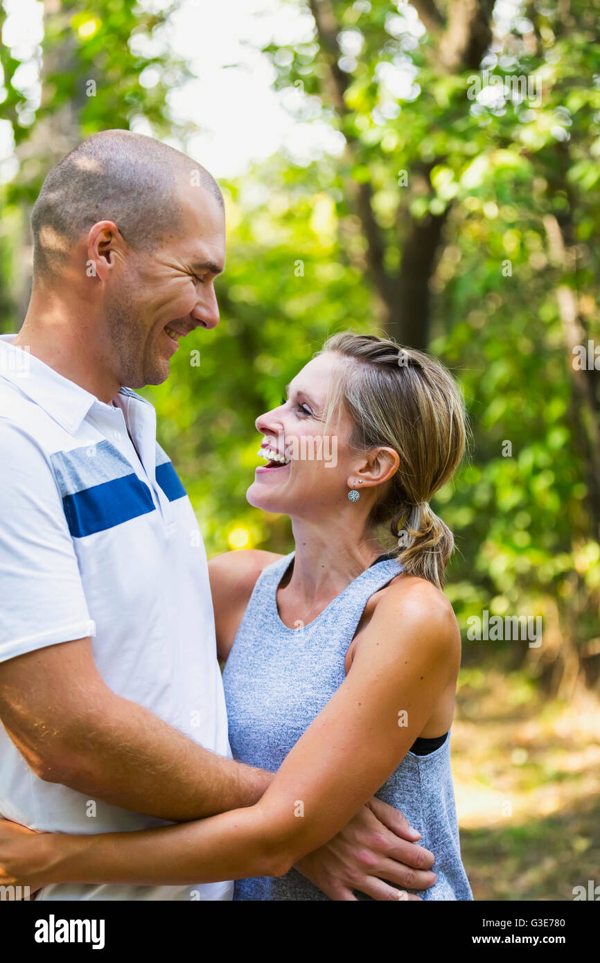 A married couple spending quality time together in a park; Edmonton, Alberta, Canada Stock Photo