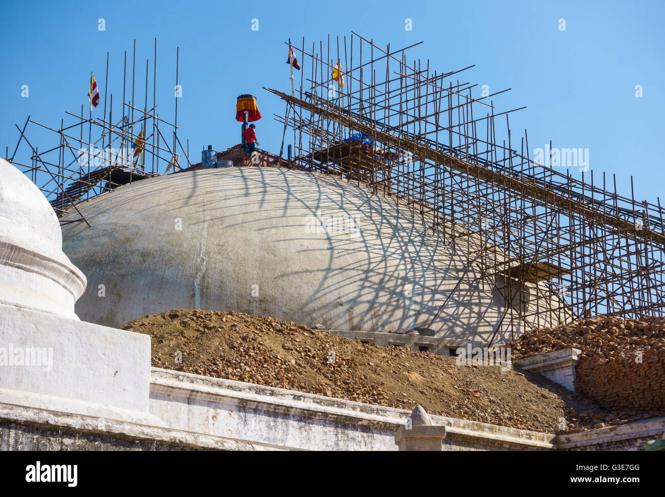Kathmandu, Nepal - Circa February 2016: Reconstruction of Boudhanath stupa is under way after it was structurally damaged by the Stock Photo