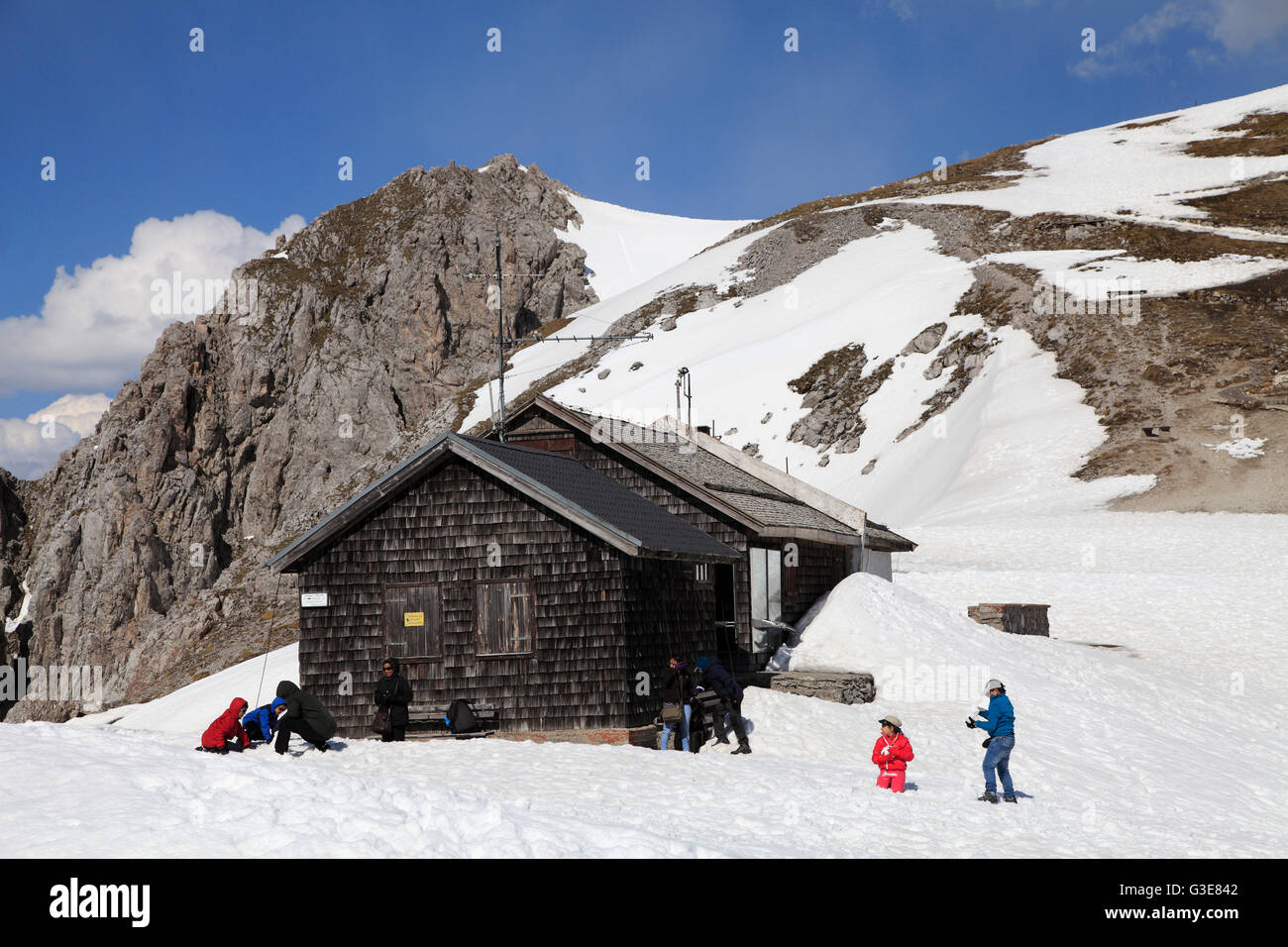 Austria, Tyrol, Alps, Innsbruck, Hafelekar, mountain hut, people, Stock Photo