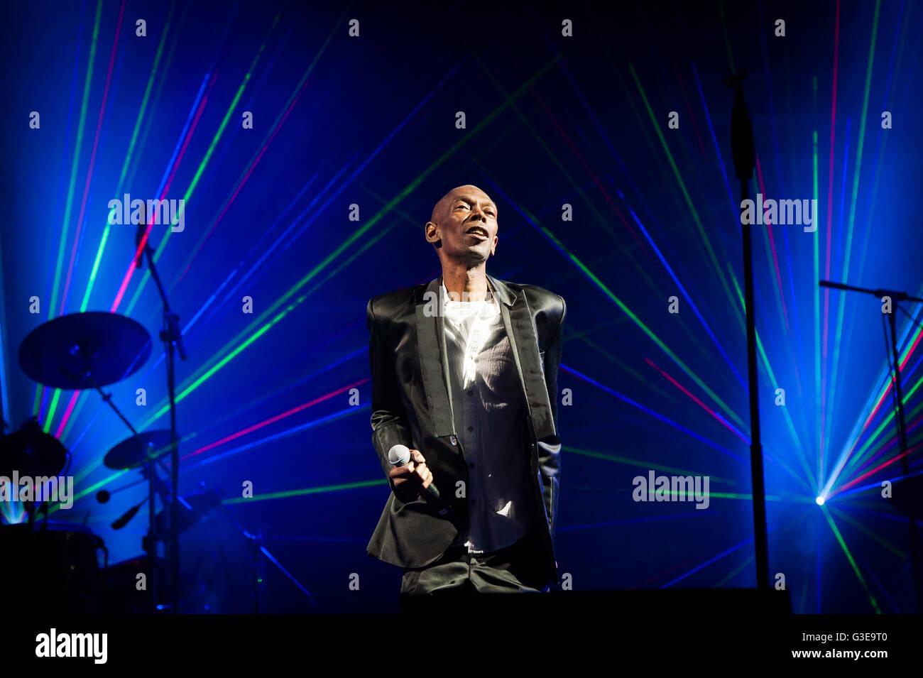 Maxi Jazz from Faithless performs on stage at the Isle of Wight
