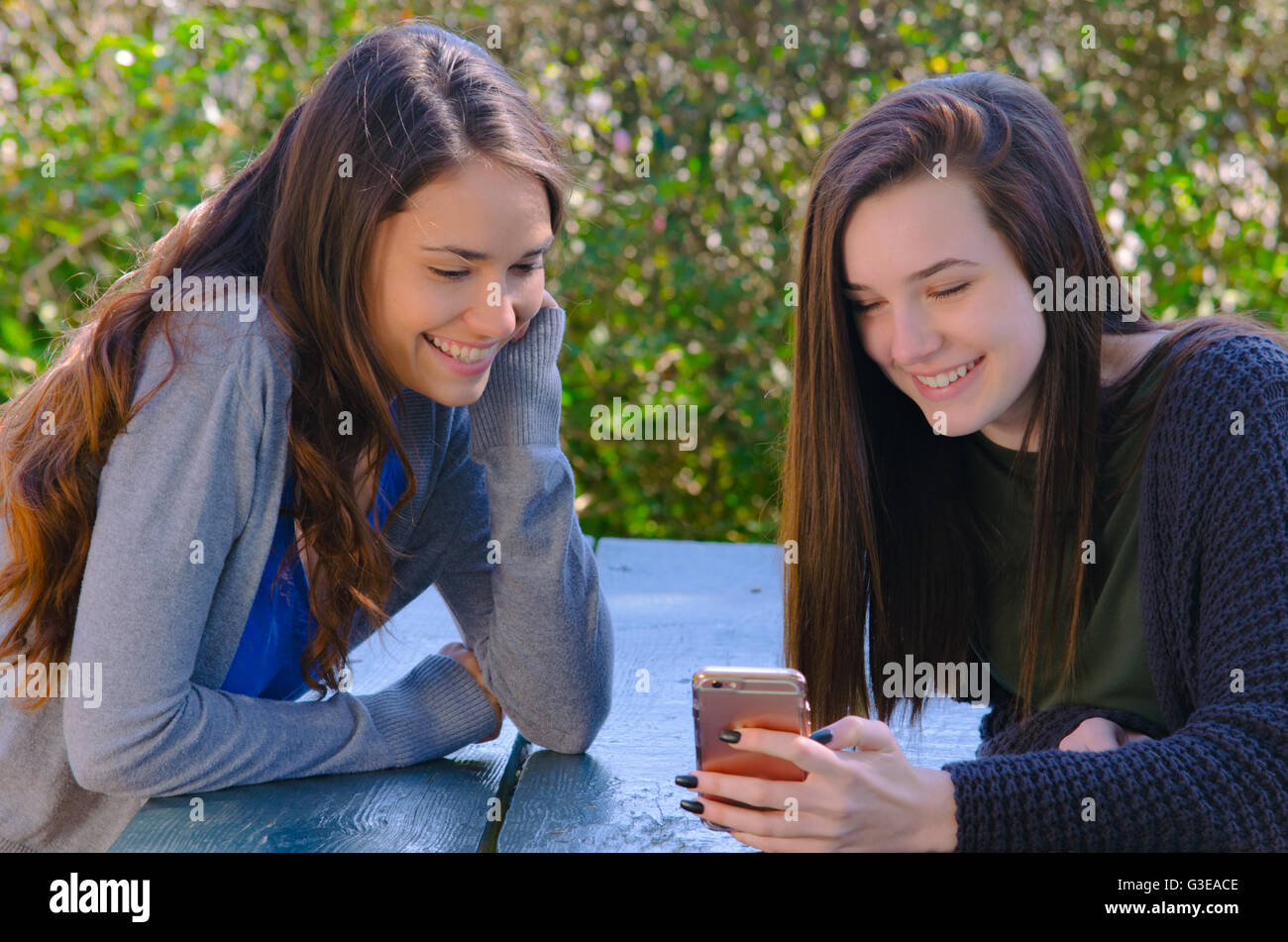 young smiling female brunette students talking at table with a cell phone outside Stock Photo