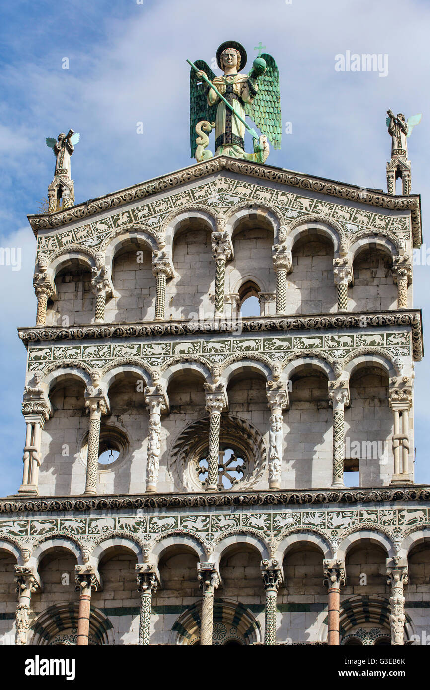 Detail exterior view of Lucca Cathedral (Duomo di Lucca, Cattedrale di San Martino) is a Roman Catholic cathedral dedicated to S Stock Photo