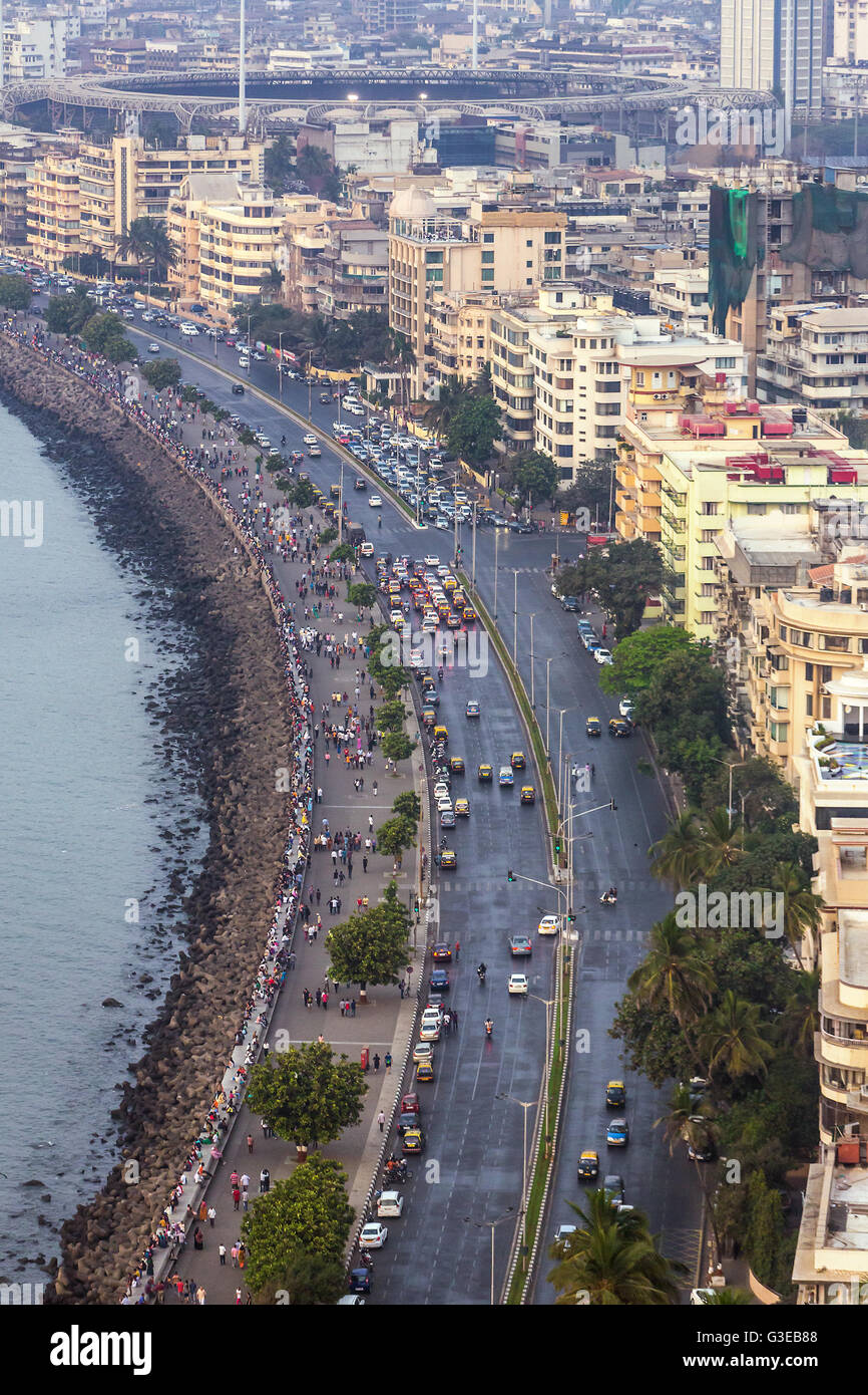 Mumbai, India - February 28, 2016: aerial view of Marine Drive in Mumbai, India. Stock Photo