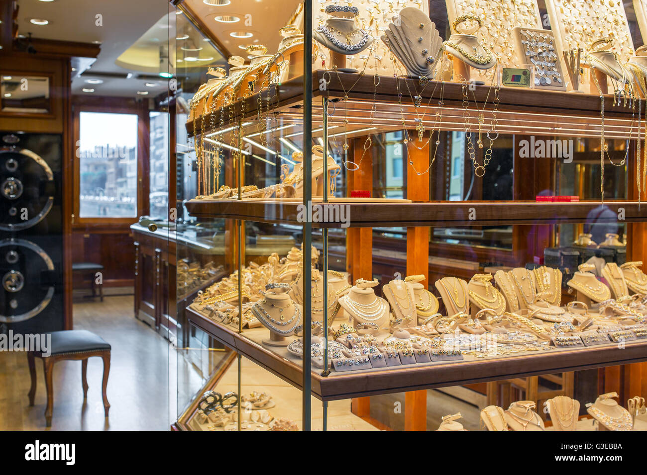 Florence, Italy September 16, 2015 Golden jewellery in one of the