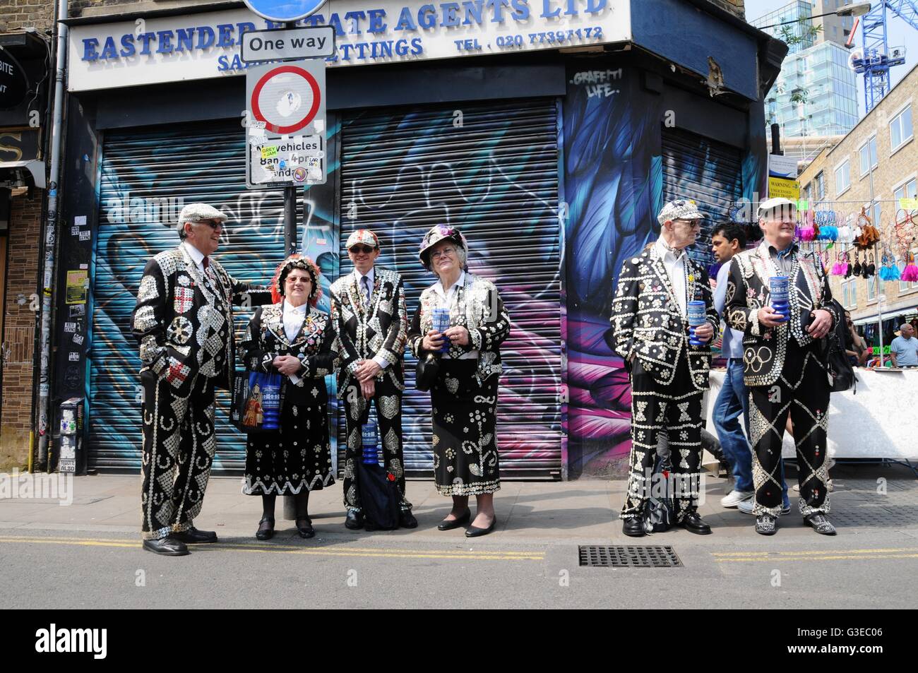Pearly kings and queens in east London Stock Photo