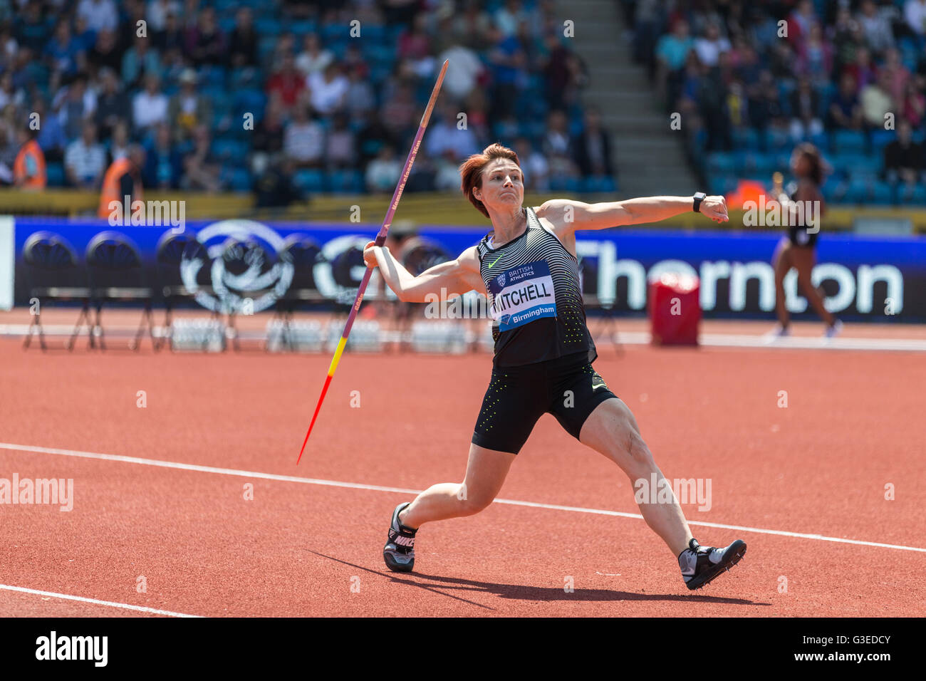 Diamond League Birmingham UK. 5th June 2016. Australian athlete Kathryn Mitchell competes in the javelin throw. Stock Photo