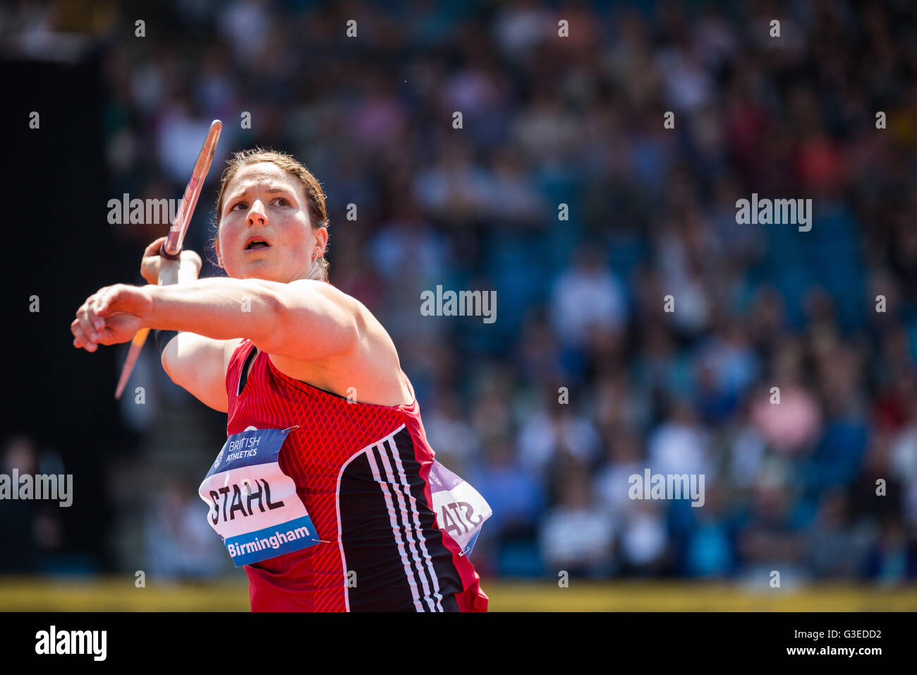 Diamond League Birmingham UK. 5th June 2016. German athlete Linda Stahl competes in the javelin throw. Stock Photo