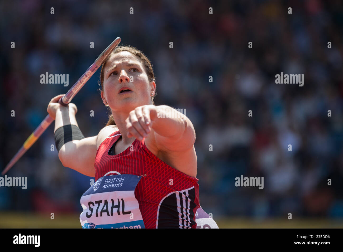 Diamond League Birmingham UK. 5th June 2016. German athlete Linda Stahl competes in the javelin throw. Stock Photo