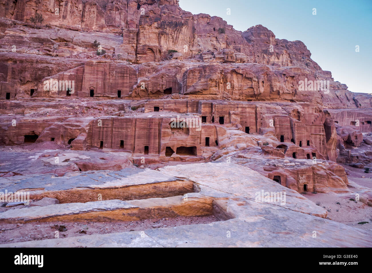 Cave of tombs in the ancient city of Petra, Jordan. It is know as the Loculi. Petra has led to its designation as a UNESCO World Heritage Site. Stock Photo