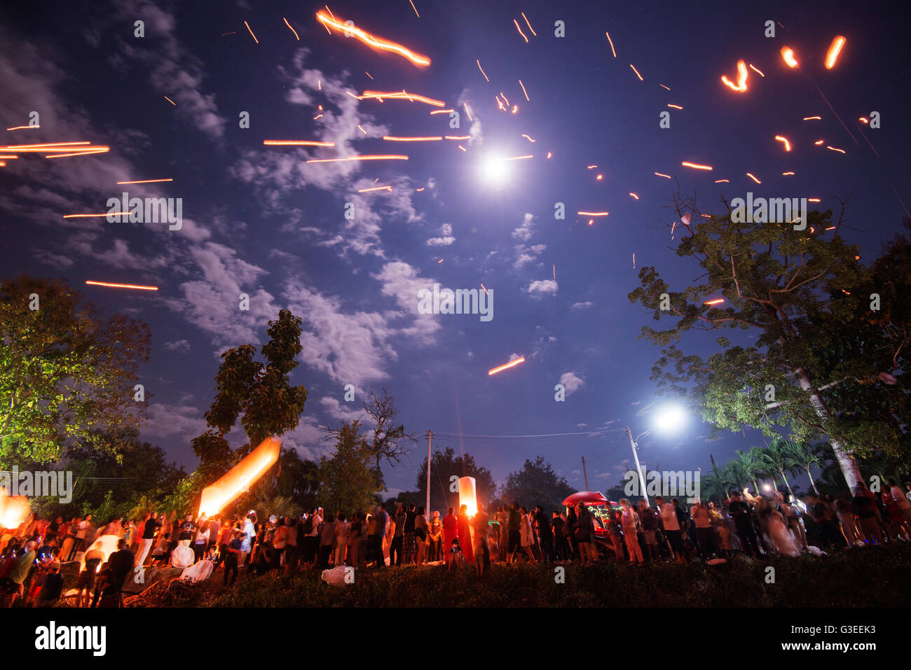 South East Asia, Thailand, Chiang Mai, people releasing lanterns, Loi Kratong festival of lights Stock Photo