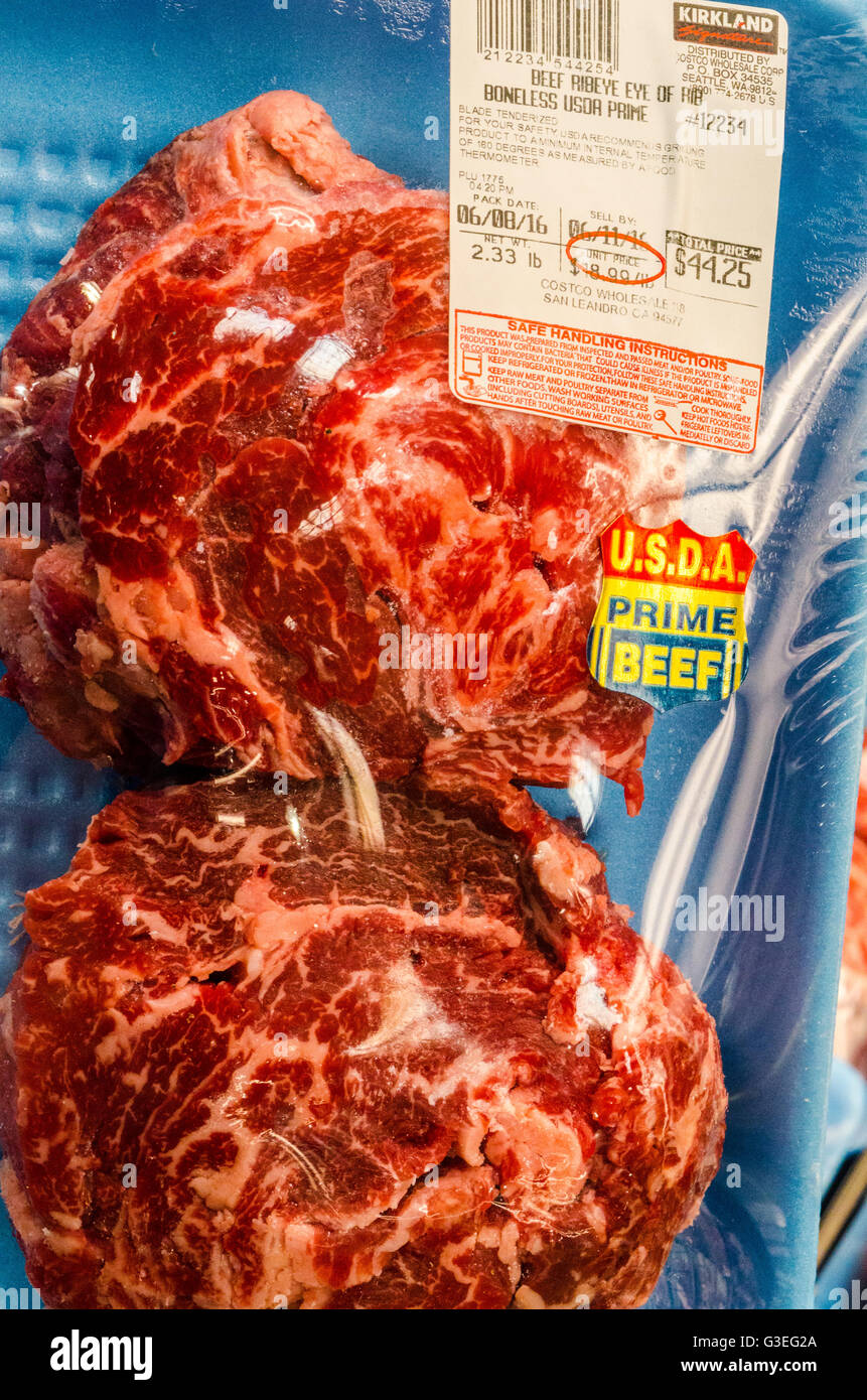 Very expensive USDA Prime beef at a Costco Store in San Leandro Calfornia Stock Photo