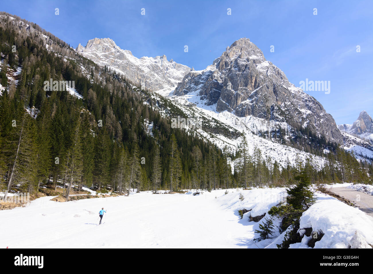 valley Fischleintal, mit Sextner Rotwand,  Cross-Country runner, Italy, Bozen (Südtirol), South Tyrol, Alto Adige, Naturpark Dre Stock Photo