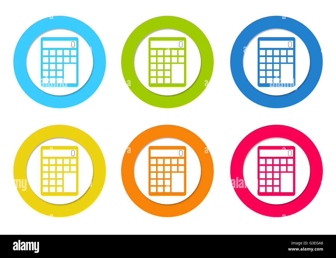 Colorful rounded icons with a calculator symbol in blue, green, yellow ...
