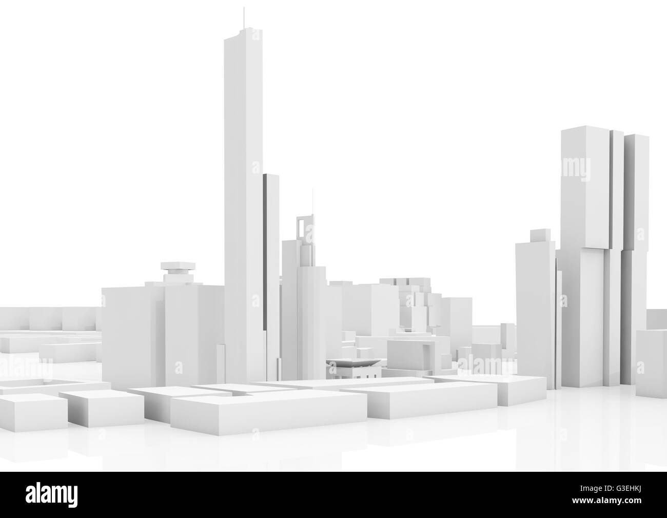 Abstract contemporary cityscape, tall houses, industrial buildings and office towers. 3d render illustration isolated on white Stock Photo
