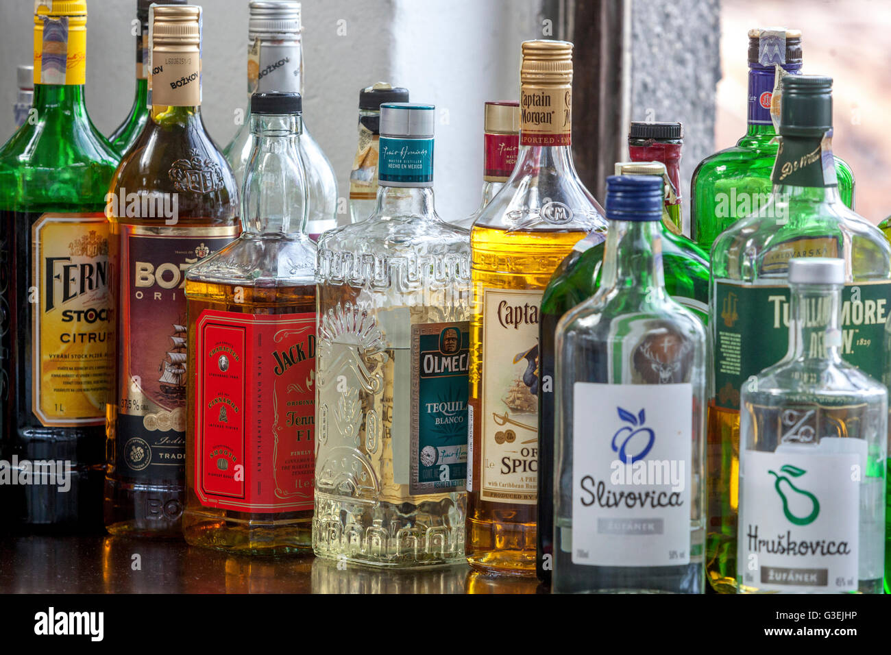 Alcohol bottles of hard liquor Stock Photo