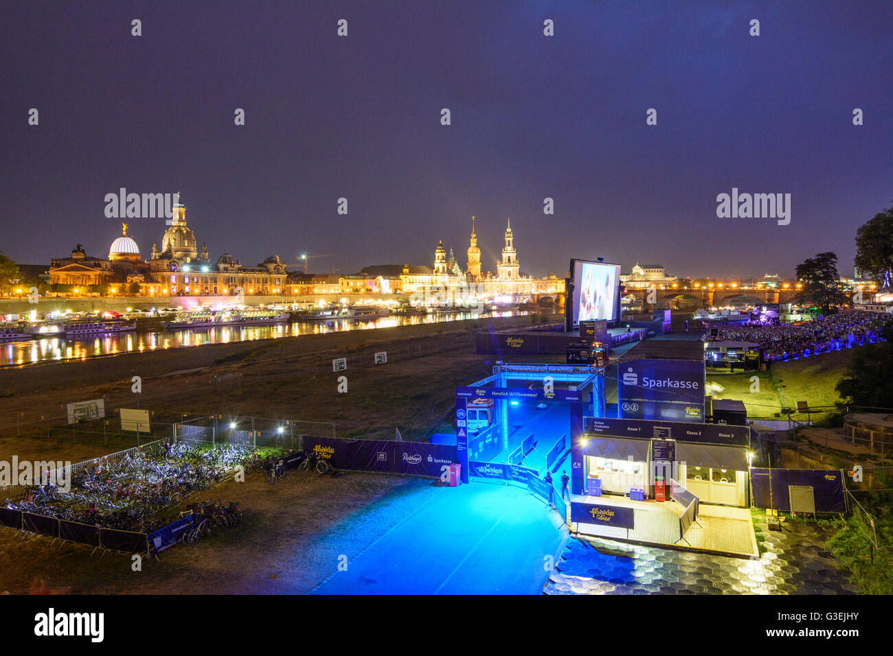 Movie Nights at the Elbe river , in the background Frauenkirche , Hofkirche , Palace and Augustus Bridge, Germany, Sachsen, Saxo Stock Photo