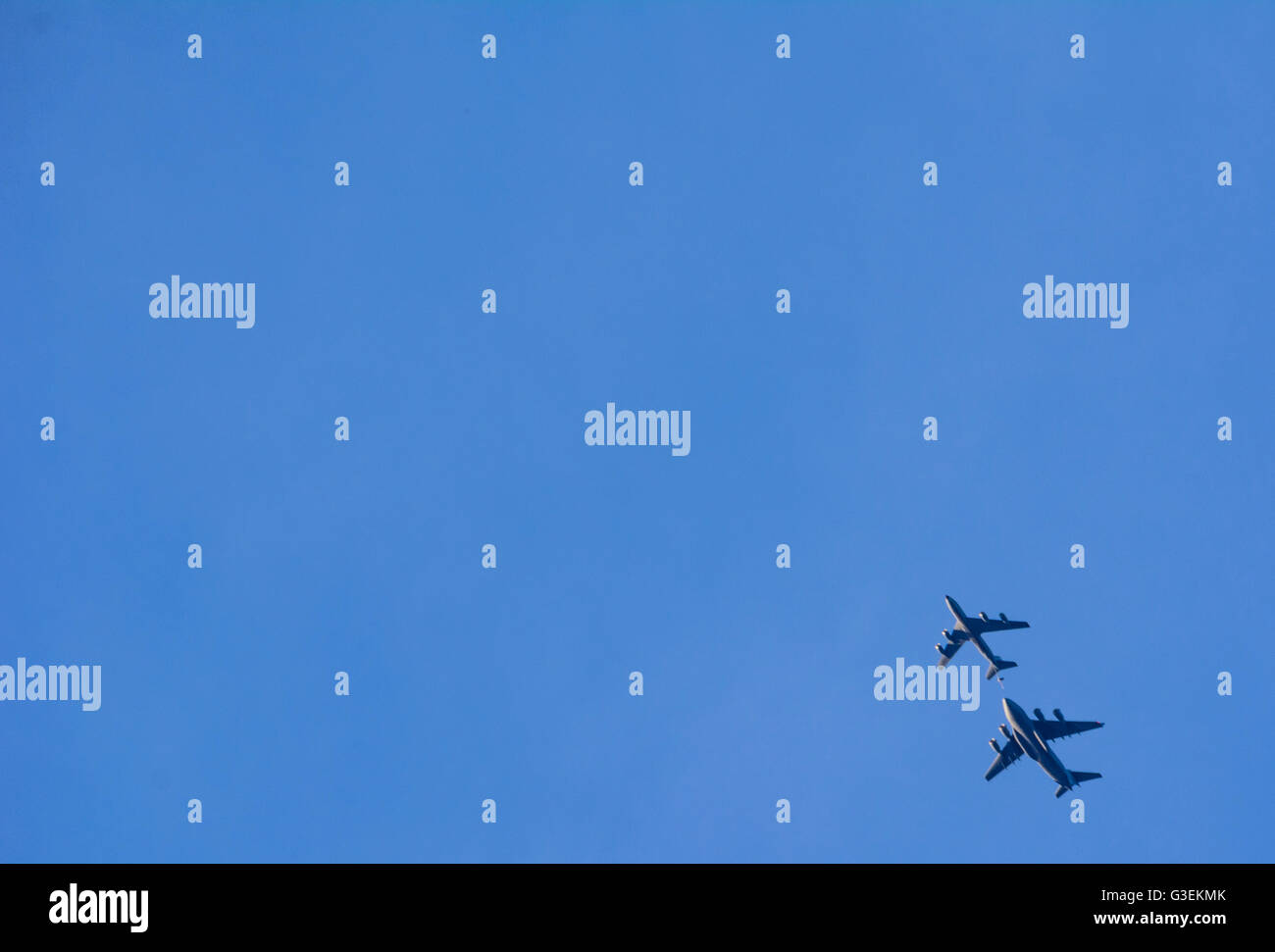 Air refueling of an aircraft by a tanker aircraft, Germany, Bayern, Bavaria, Schwaben, Swabia, Leipheim Stock Photo