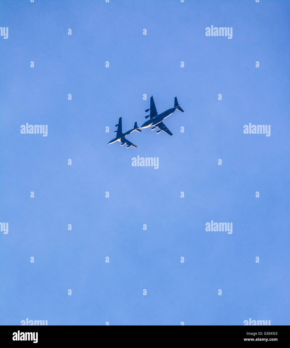 Air refueling of an aircraft by a tanker aircraft, Germany, Bayern, Bavaria, Schwaben, Swabia, Leipheim Stock Photo