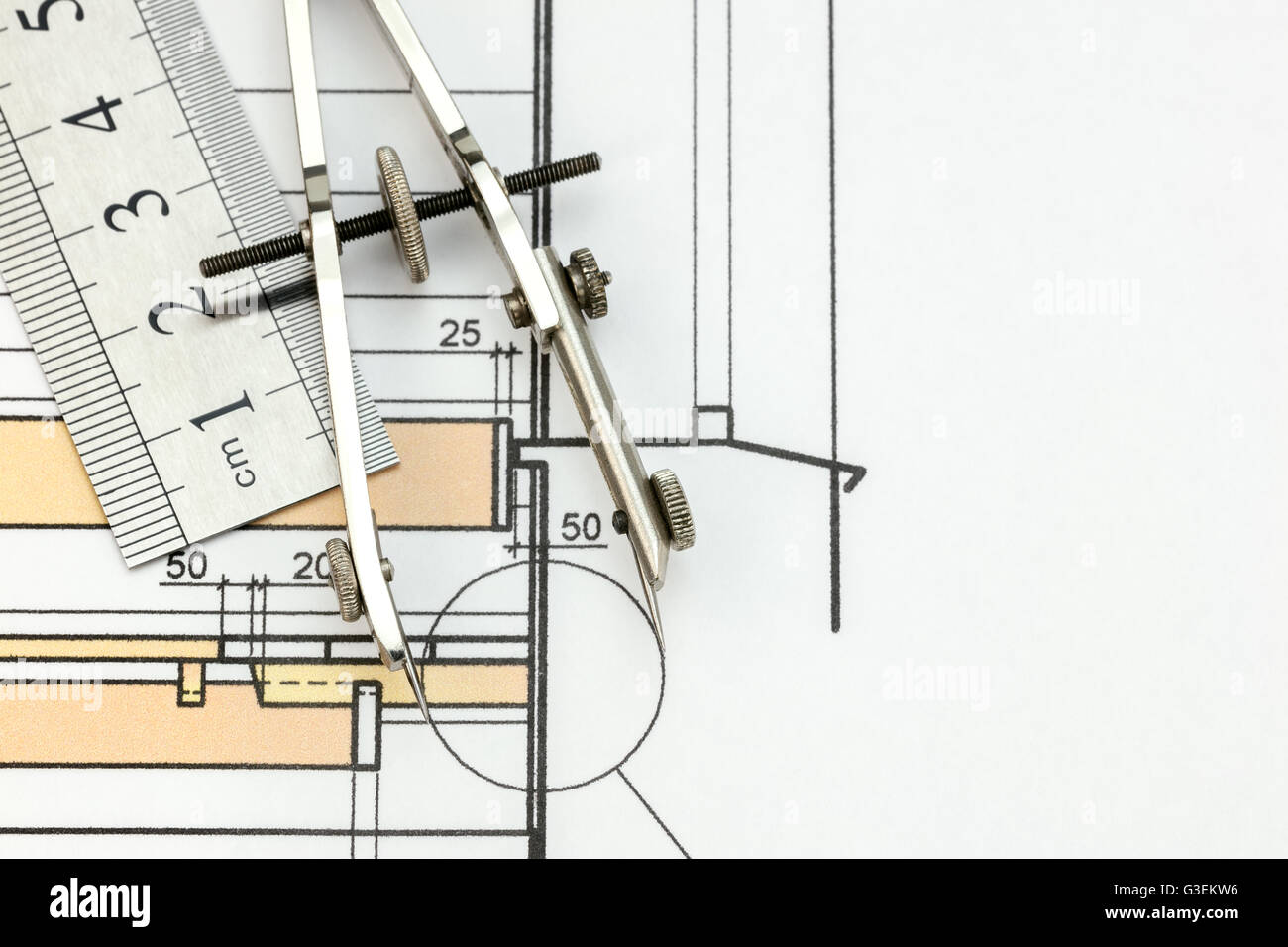 drawing compass and ruler over color technical drawing Stock Photo Alamy
