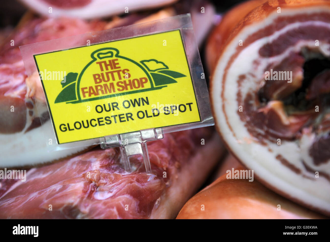 Bacon joints of free range meat in the farm shop at Butts Farm near Cirencester, Gloucestershire