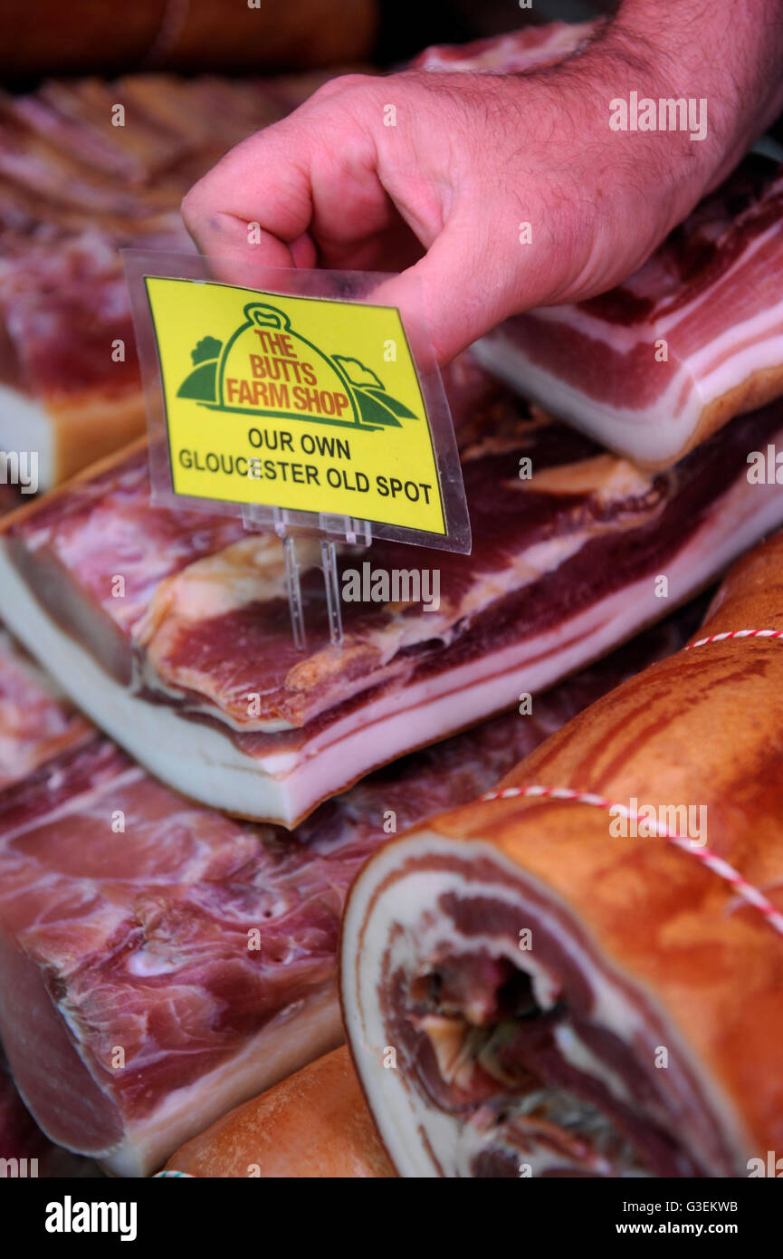 Bacon joints of free range meat in the farm shop at Butts Farm near