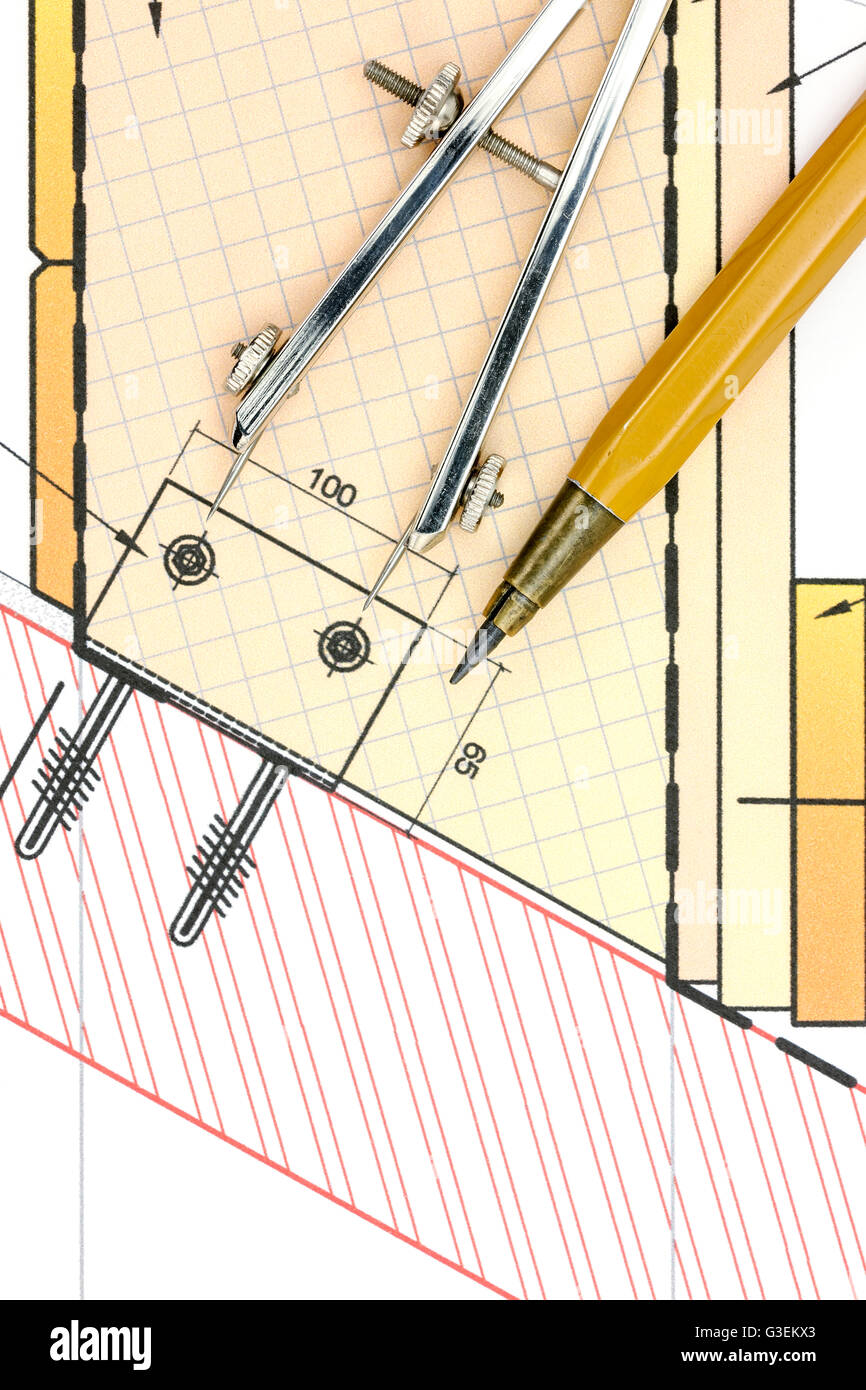 engineering blueprint with drawing tools top view Stock Photo