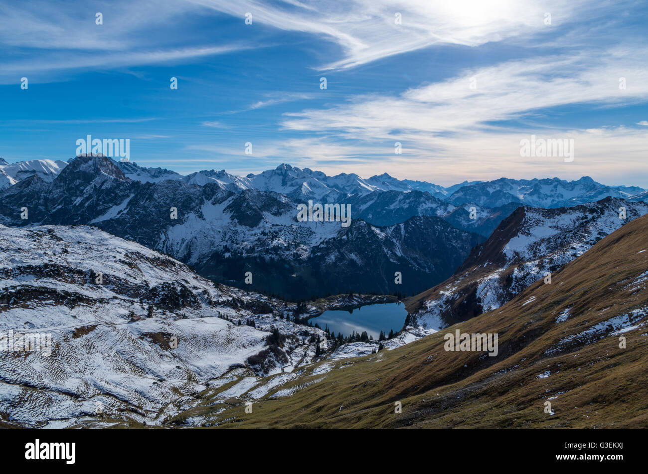 Lake Seealpsee in the mountain landscape of the Allgau Alps above of ...