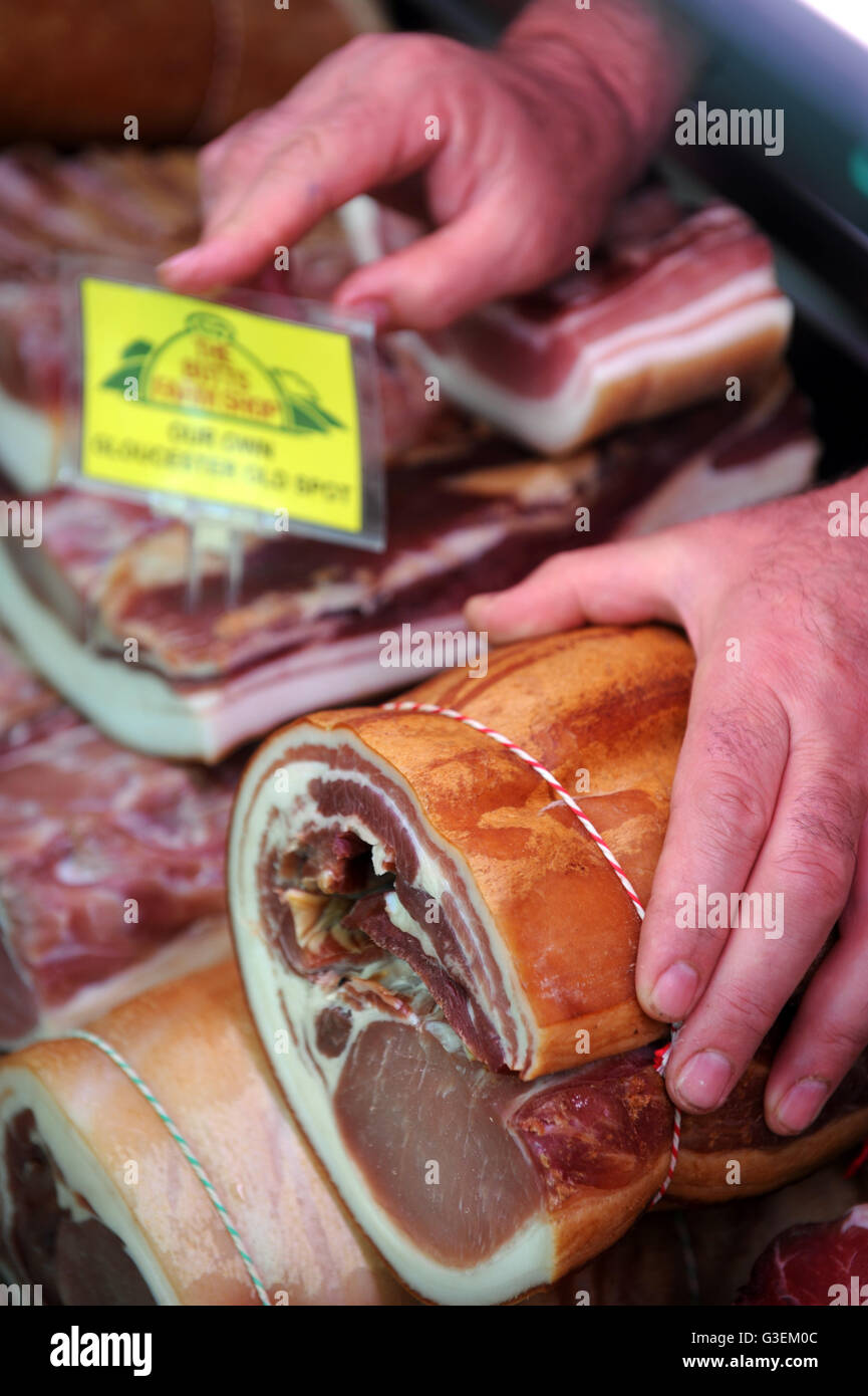 Bacon joints of free range meat in the farm shop at Butts Farm near