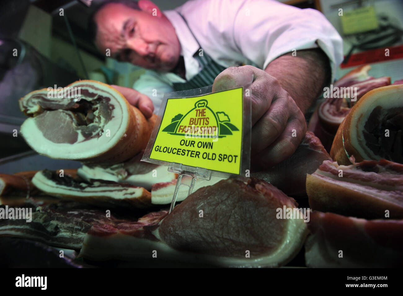 Bacon joints of free range meat in the farm shop at Butts Farm near Cirencester, Gloucestershire